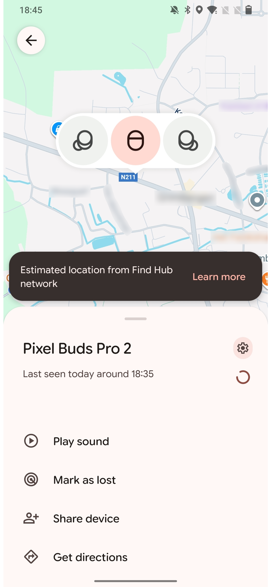 A screenshot of the Find Hub app showing the location of a pair of Pixel Buds Pro 2 on the map. The app indicates that an estimated location from the Find Hub network is used.